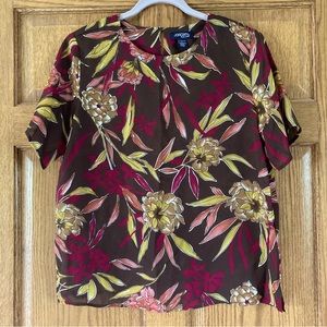 5/$15 Jordan Sheer Brown with Pink & Yellow Floral Print SS Top Large